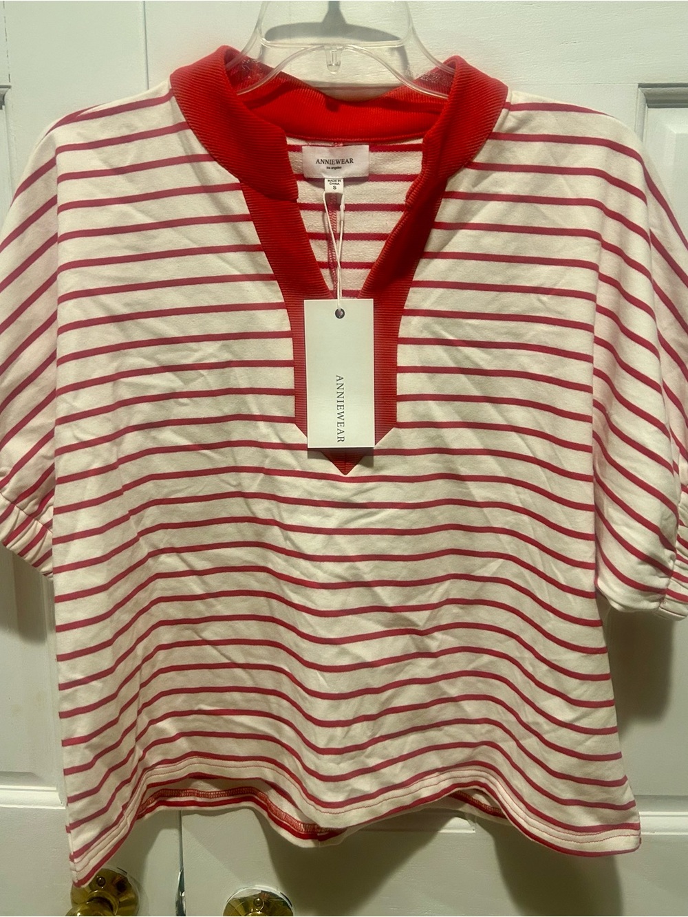 ANNIEWEAR Red & White Striped Short Sleeve V-Notch Shirt